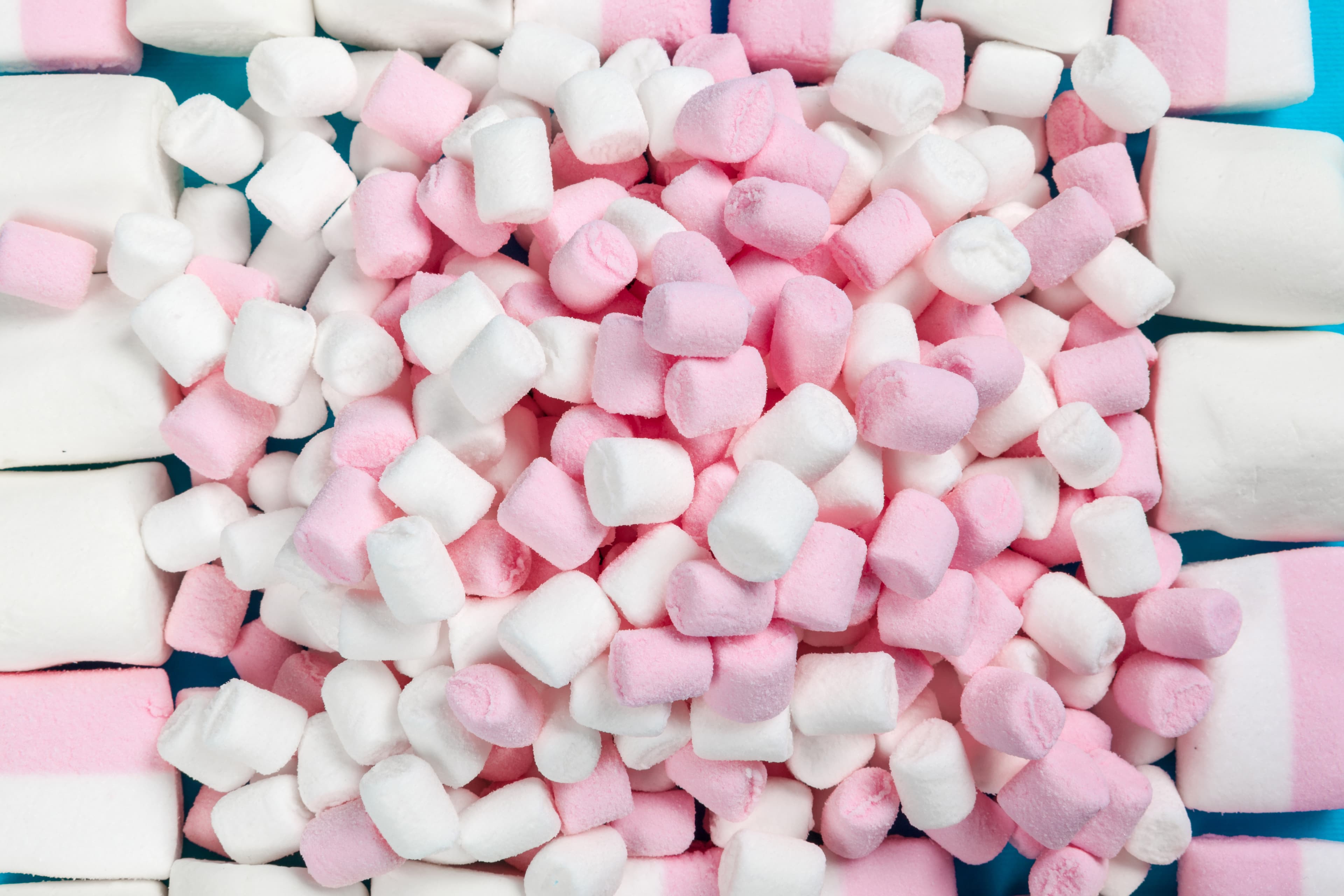 A huge pile of pink and white marshmallows.